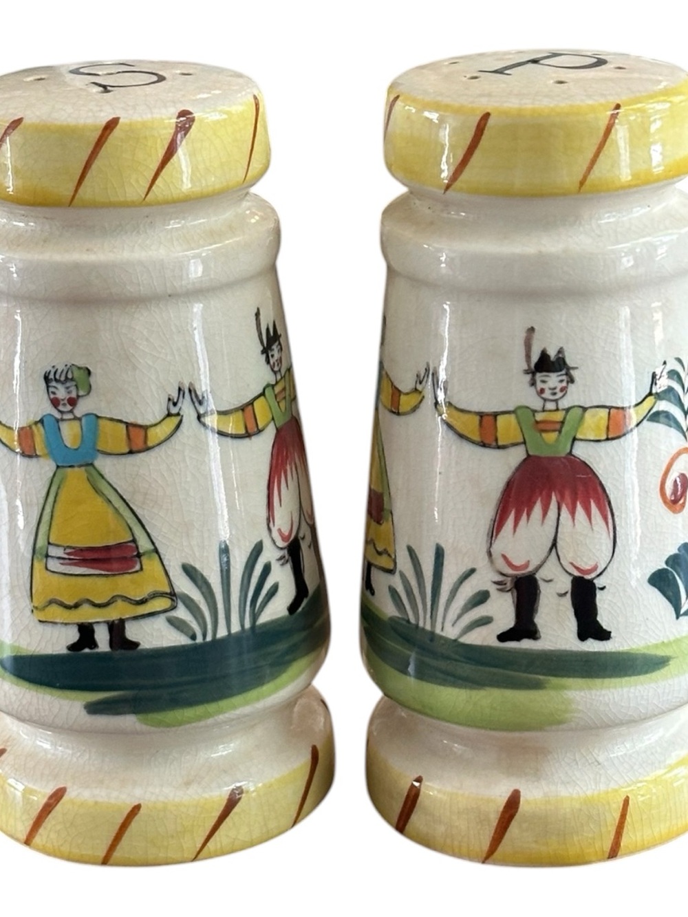 Yellow Hand-Painted Ceramic Salt & Pepper Shakers with Folk Dance Motif